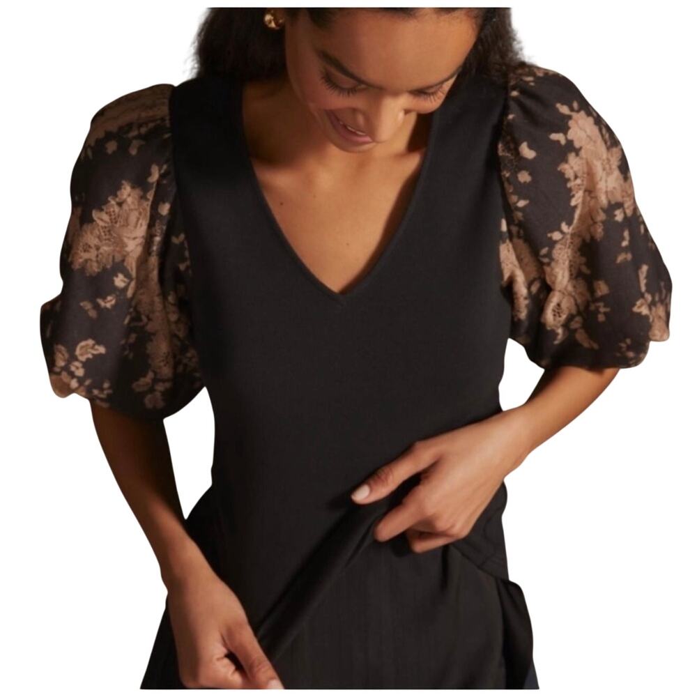 Dolan Anthropologie Floral Lace Puff Sleeve Knit Top, Black, Women Plus Size 1X